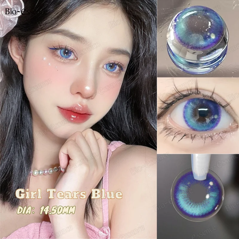 Bio-essence 2Pcs Natural Colored Contacts Lens with Prescription Korean Blue Pupils Yearly Use Big Eyes Soft Pupils for Eyes