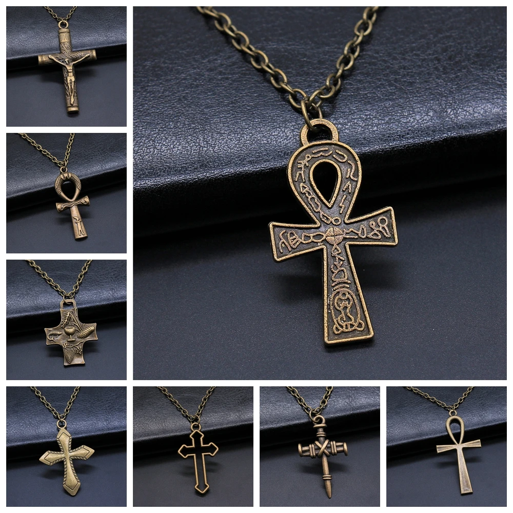 Vintage Fashion Simple Necklace Style Ankh Cross Pendant Necklace Long Chain Necklace Gift For Women Men Girl Boy