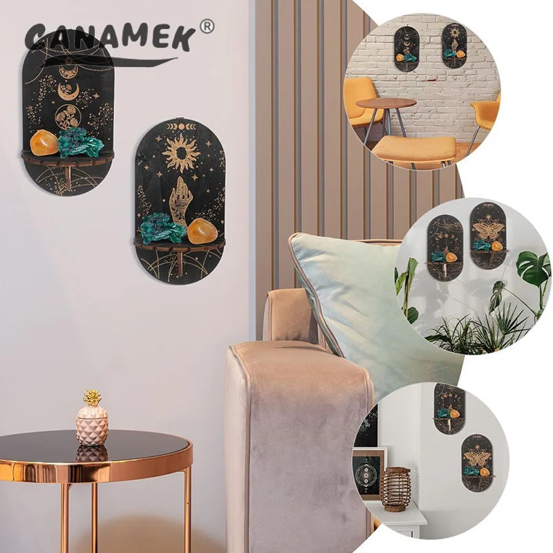 حامل كريستال مبتكر منحوت بالخشب، رف عرض حائط بوهو مع حامل شموع #3