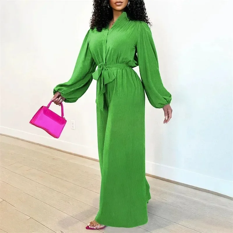 

Turn-down Collar Button Up Wide Leg Jumpsuit Women Elegant Lantern Sleeve Loose Fit One Piece Romper Combinaison Femme