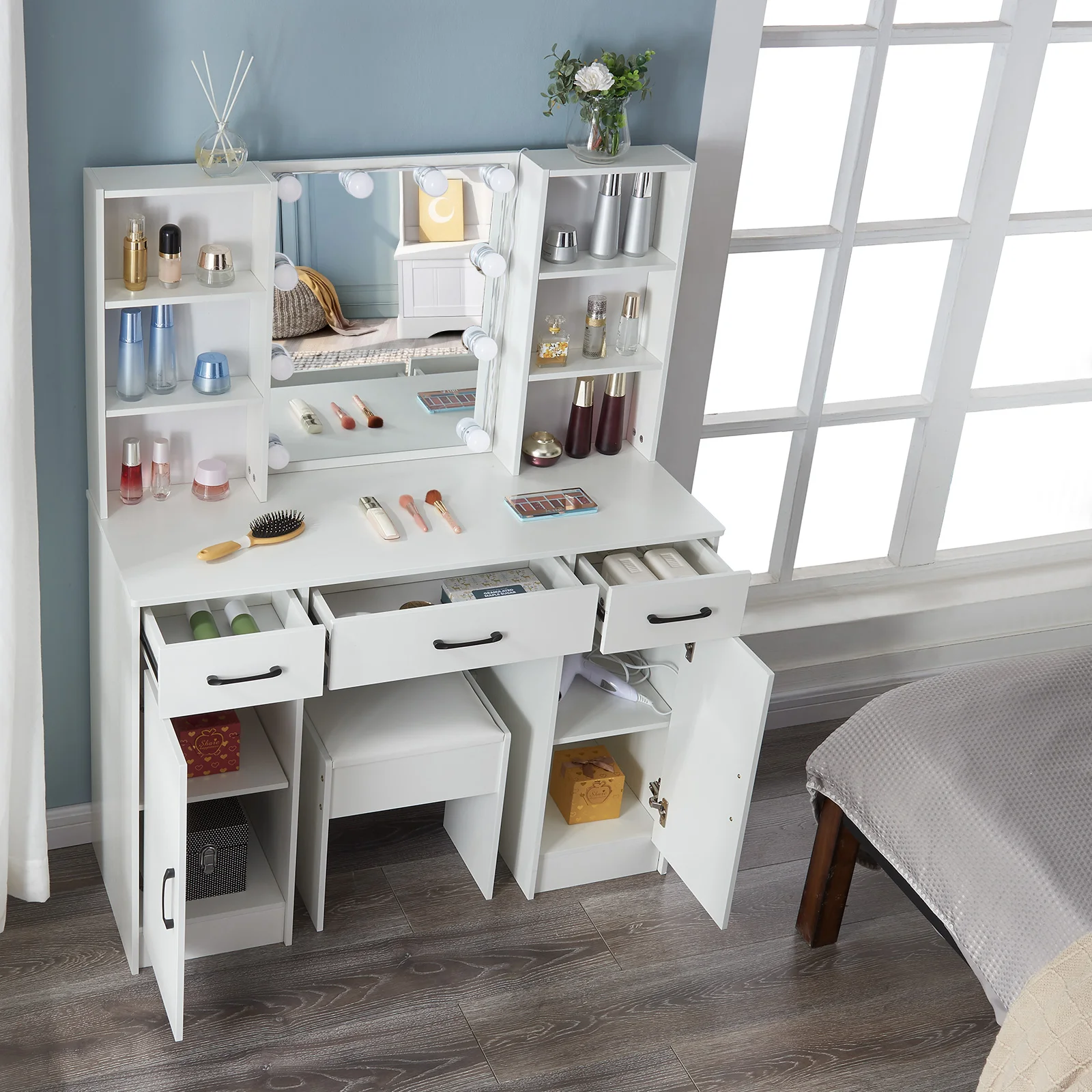 مكتب مكياج فانيتي مع مرآة هوليوود، طاولة تزيين بـ 10 لمبات LED مع مقعد #4