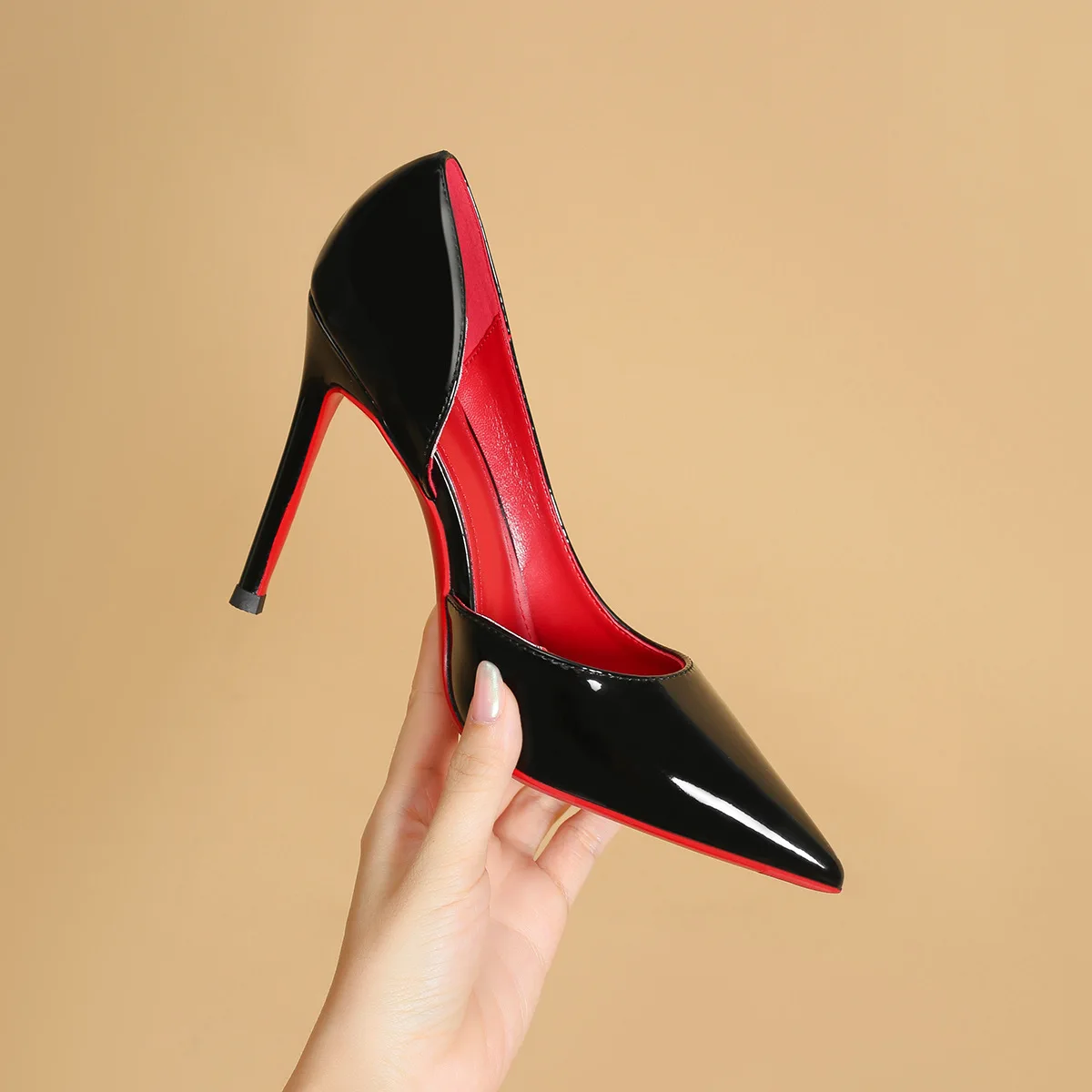 

New 8 10cm red toe exposed seam, side empty shallow mouth, sexy professional black patent leather pointed heel high-heeled shoes