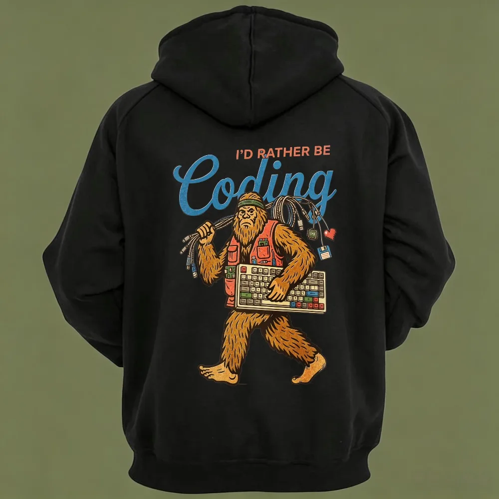 Men's I'd Rather Be Coding Hoodie Funny Bigfoot Programmer Developer Graphic Sweatshirt Casual Autumn Winter Streetwear Pullover