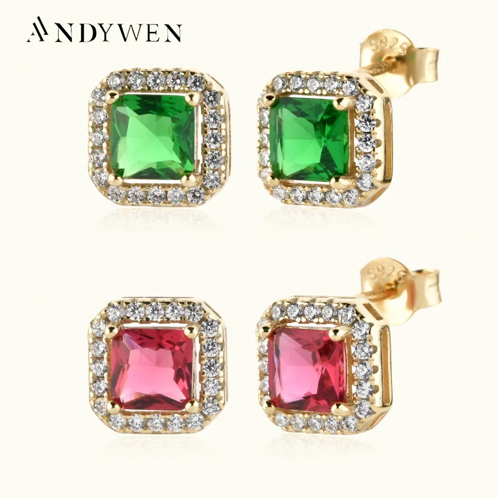 

ANDYWEN 925 Sterling Silver 12 Color Big Square CZ Zircon Stud Earring Piercing Pendiente Women Luxury Fine Jewelry Gift
