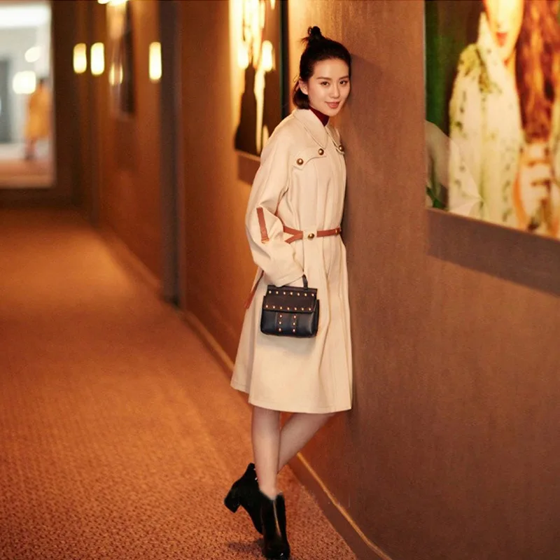 2025 Autumn New Apricot English Style Loose Temperament Mid Length Windbreaker Women's Coat Belt Trench Coat