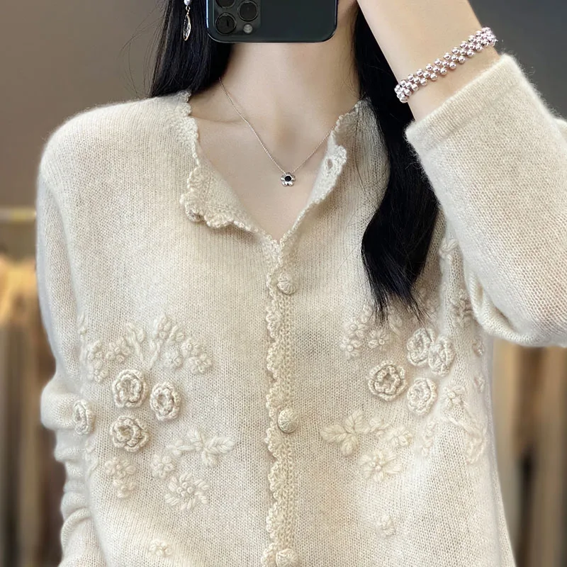 Pure Cashmere Women Sweater Autumn Winter New Lace Round Neck Cardigan Fashion Embroidery Casual Knitted Soft Jacket Tops