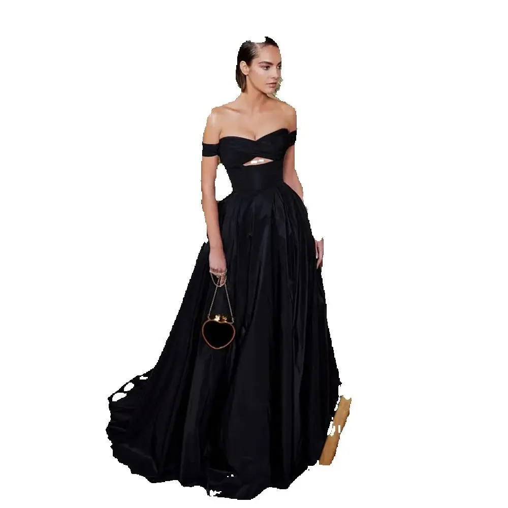 Elegant Classic Black Women Prom Dresses Sweetheart Off the Shoulder Floor Length A-Line High Quality Cut Out Evening Party Gown