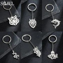 SMJEL Handmade Animal Stainless Steel Keychain Vintage Snake Koala Lion Tiger Pendants Keyring Car Key Charm Ornament Accessory