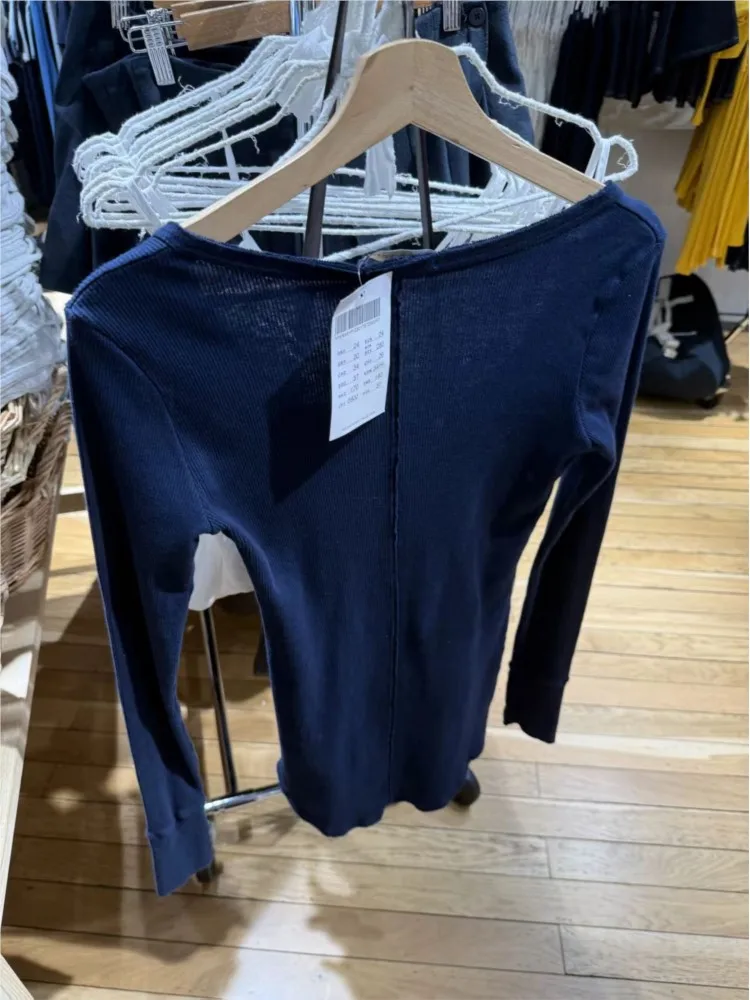 

Ribbed Navy Cotton Long Sleeve Henley Top Women New Button Slim Basic Streetwear Tees Vintage Chic Basic T-shirts Y2K Top Spring