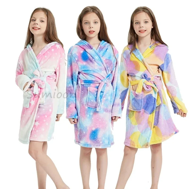 Bambini Cartoon Unicorn Robes Winter Baby Girl accappatoio Sleepwear Robe For Children flanella pigiama con cappuccio ragazzi Homewear abbigliamento