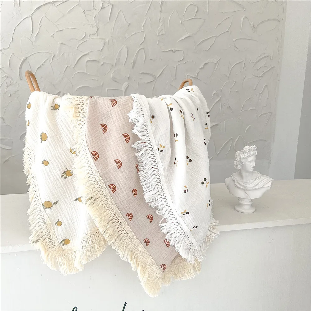 Organic 100% Cotton Boho Vintage Baby Tassel Blanket Newborn Muslin Swaddle