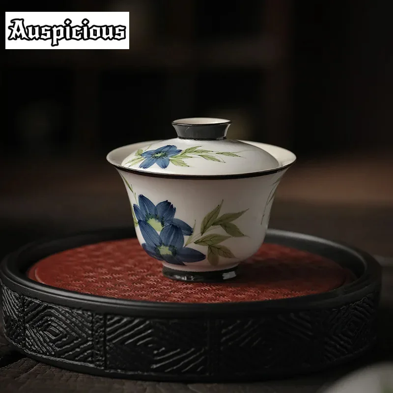 

105ml Hand-painted Blue Flower Gaiwan Retro Tea Bowl with Saucer Lid Kit White Pottery Tea Making Cover Bowl Teaware Craft Gift