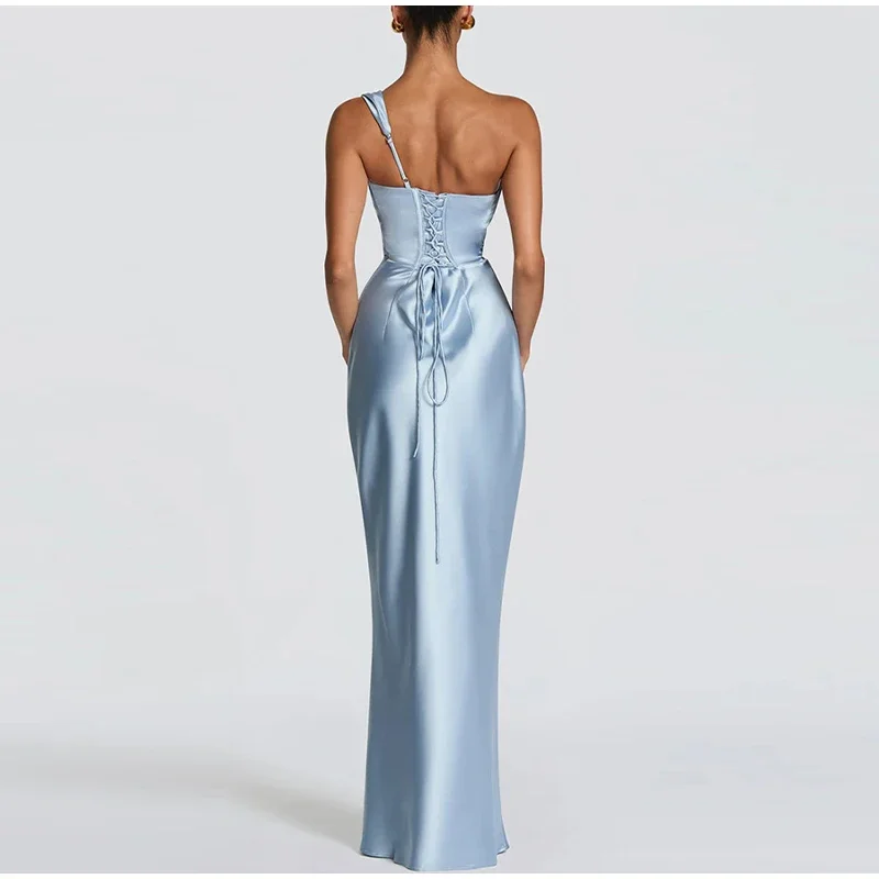 New One Shoulder Satin Women 's Maxi Dress Cowl Neck Ruched Waist Bodycon Dresses Summer Woman Formal Evening Party Vestidos view 6