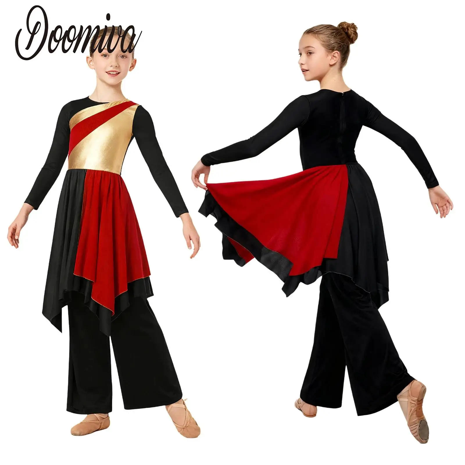 

Kids Girls Praise Lyrical Dance Worship Outfit Stage Performance Costume Long Sleeve Color Block Dress with Wide-Leg Pants Sets