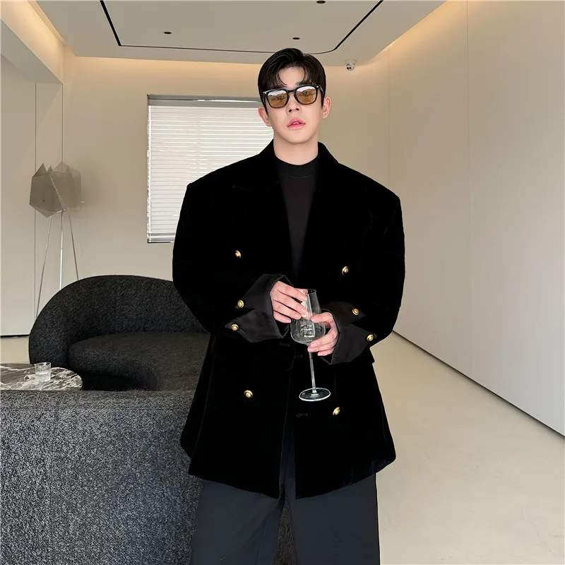 

Autumn Winter Men's Velvet Tuxedo Jaet Color Blo Sve Turn-down Collar Double-breasted Formal Wear Casual Leisure Sle