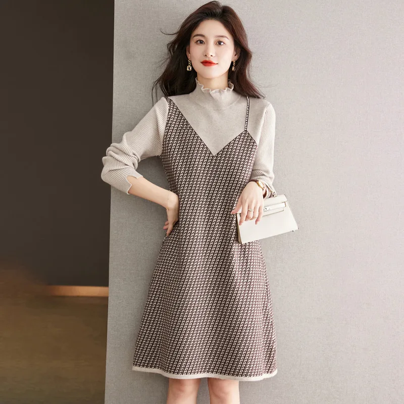 2023 New Knitted Dress Women's Autumn/Winter Warm Cashmere Bottom Skirt Korean Loose Fit Sweater Mini Dress Vestidos