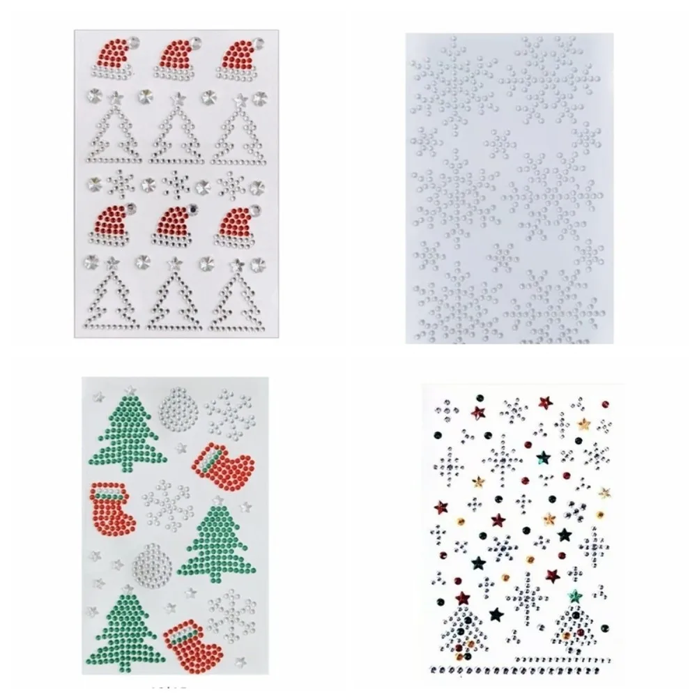 4Pcs Self-Adhesive Christmas Face Gem Sticker Set Red Green Silvery Snowflake Rhinestone Eye Body Decals Xmas Tree Sock Patterns
