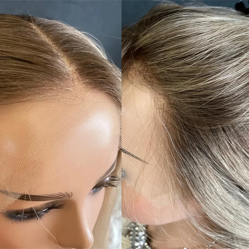 Light Ash Blonde HD Lace Front Wig Human Hair Blend Synthetic Wig for Women Long Loose Wavy Ombre Dark Roots Realistic Look Wig