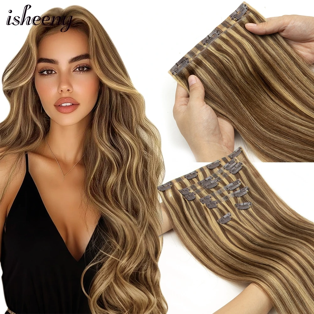 Isheeny Onzichtbare Clip in Hair Extensions Menselijk Haar 100-120g Geïnjecteerd PU Huid Inslag Clip Op Haar 7 stks/pak Naadloze Clip Ins