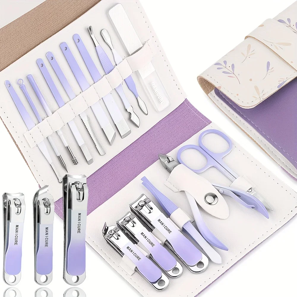 16 unids/set juego de manicura Kit de funciones completas cortaúñas juegos de pedicura de acero inoxidable con estuche portátil de cuero Idea de regalo