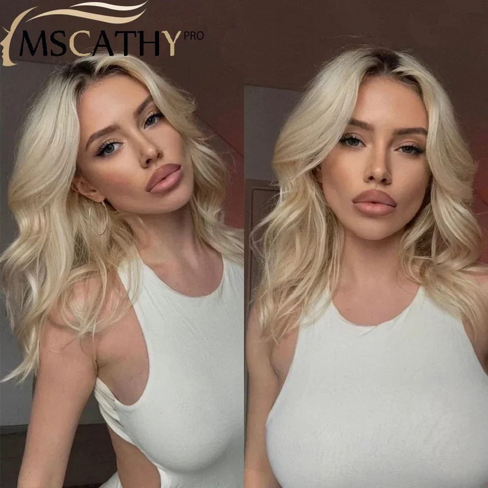 Peruca Curta Ombre Loiro Cinza Sem Cola com Renda Frontal UHD Transparente, Cabelo Humano Remy para Mulheres, Pré-arrancada