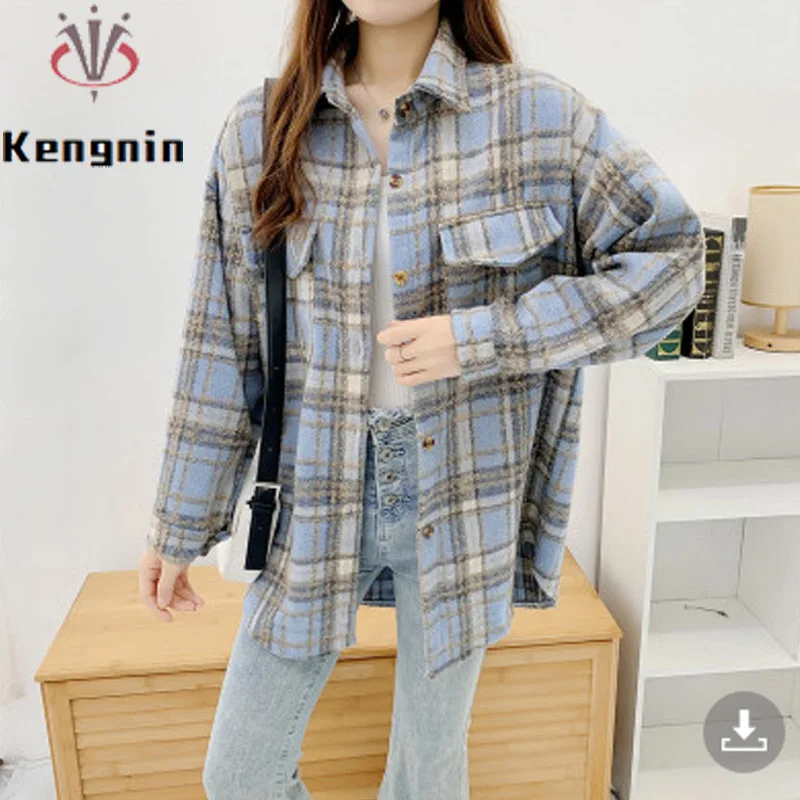 Thick Velvet Plaid Shirts Women Winter Keep Warm Blouses and Tops New Casual Loose Jacket Female Clothes Outwear KN552