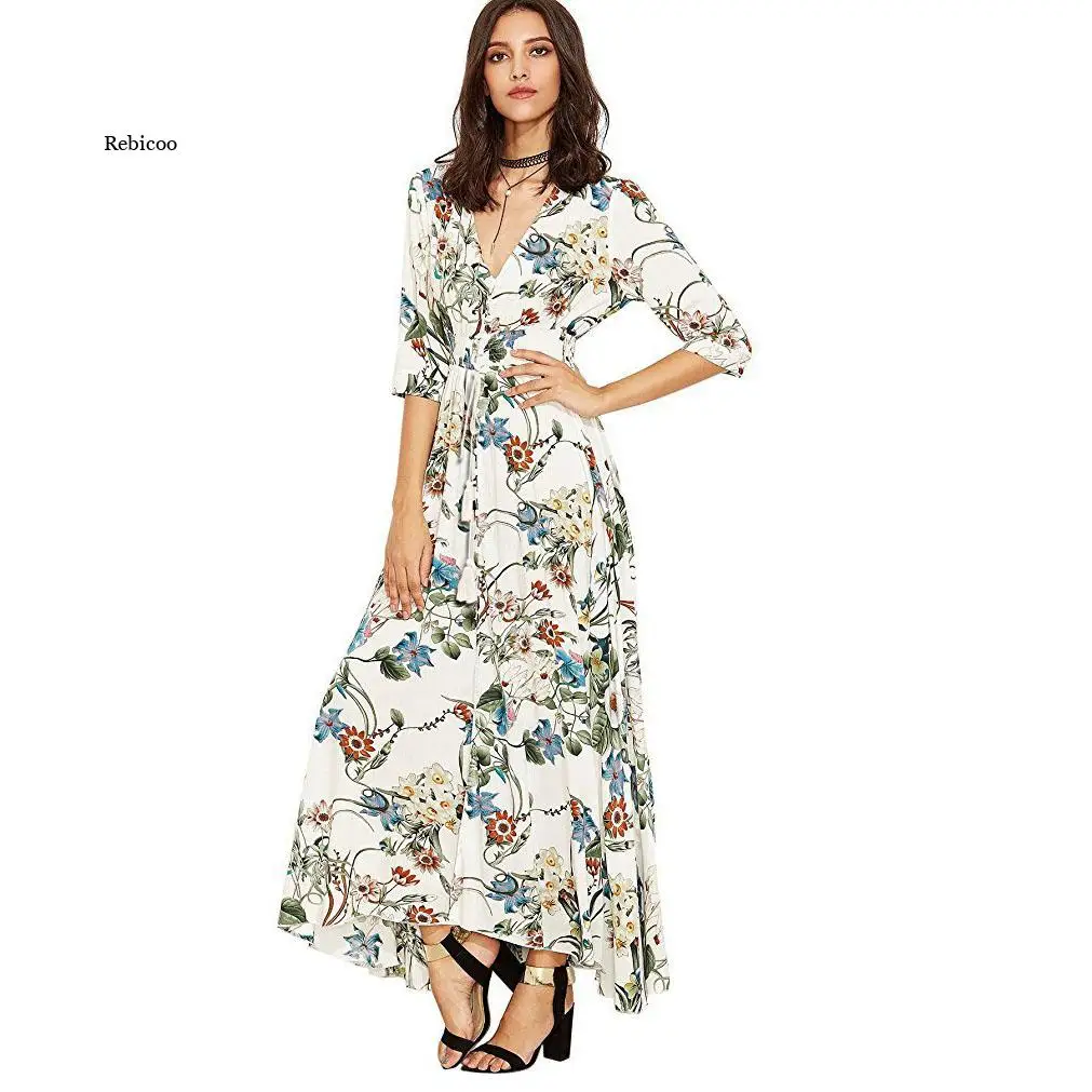 Robe longue à fleurs style Boho, imprimé Floral, Maxi, tunique, Slim, robe de plage, ample, col en V, manches courtes, taille haute, été, 2022