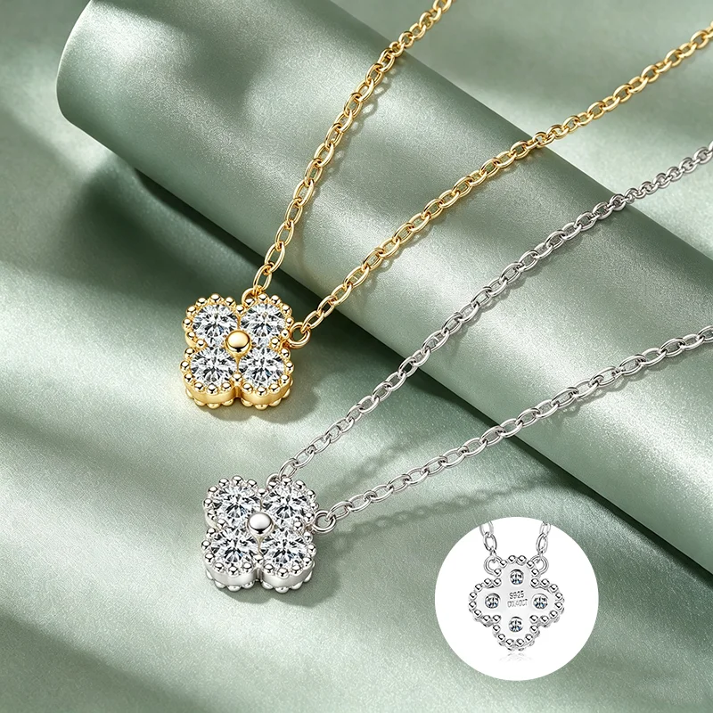 Anziw Real 925 Silver Lucky Flower Pendant Necklace Earring Bracelet for Women D Color VVS1 3mm Moissanite Four Leaf Jewelry Set