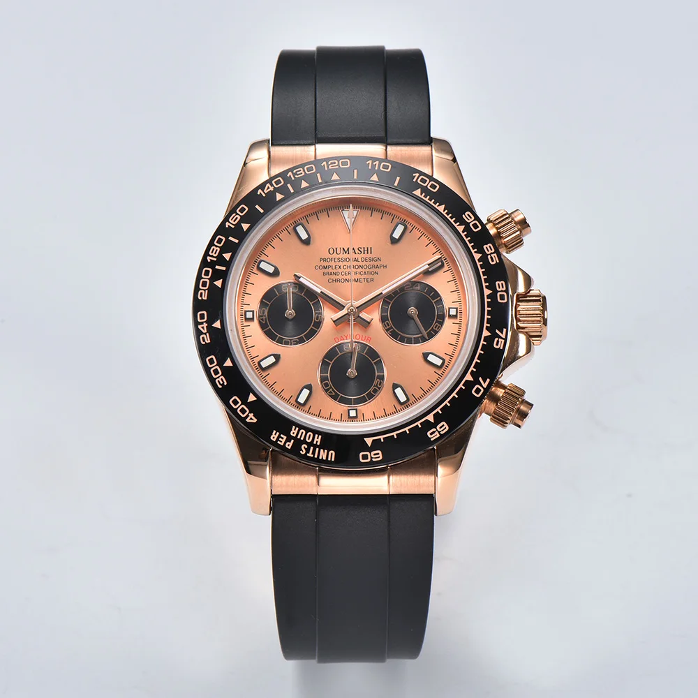 39mm VK63 Watch Men's Quartz Timing Code Rose Gold Watch Stainless Steel Sapphire Glass Waterproof Case Rubber Strap VK63 Watch