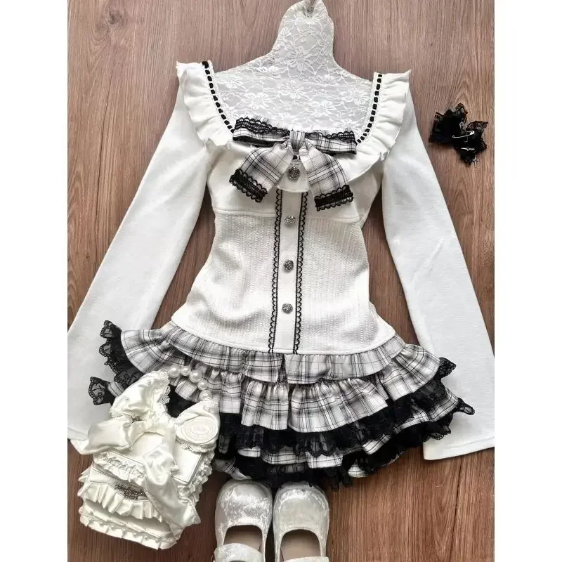 Sweet Bow Slim Knitted Cardigan Coats + Lace Mini Skirts Japanese Kawaii 2 Piece Sets Y2k Clothing Elegant Vintage Suits Women