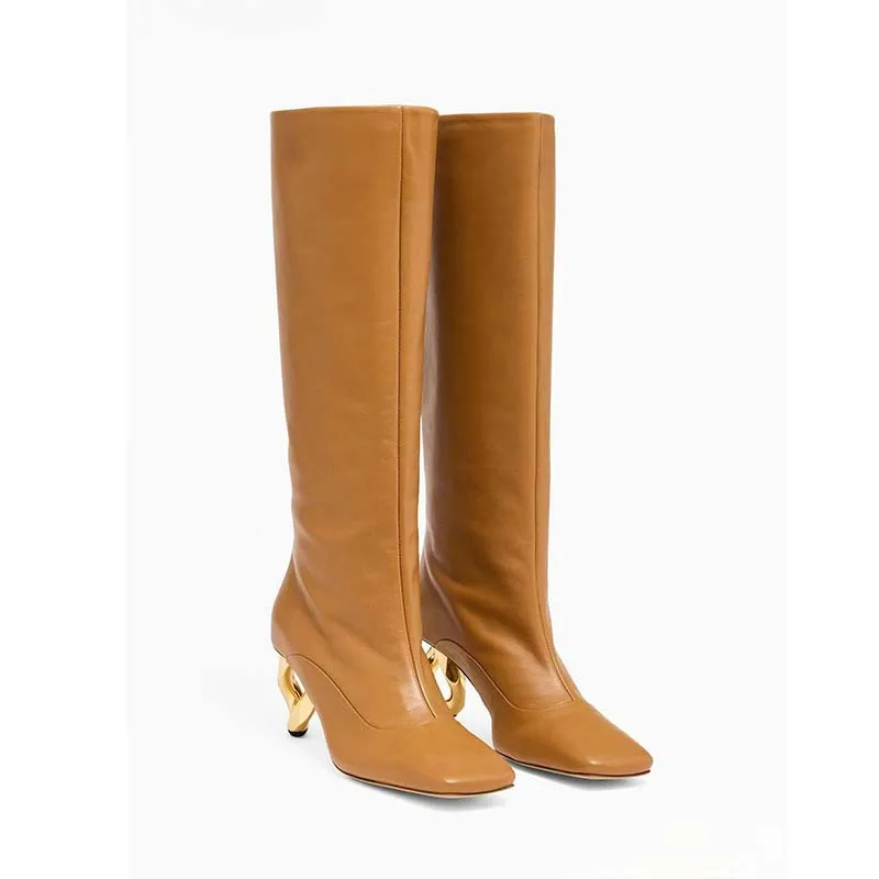 

Women's Tan Leather Knee High Boots Fashionable Square Toe Boots Unique Gold Sculptural Heel Elegant Stylish for Autumn Winter
