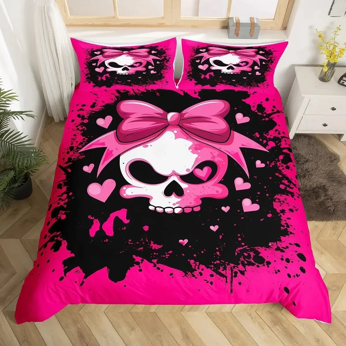 3D Sugar Skull Bedding Set Queen Skeleton Duvet Cover for Boys Girls Teens Pink Bowknot Comforter Fashion Polyester Quilt Cover