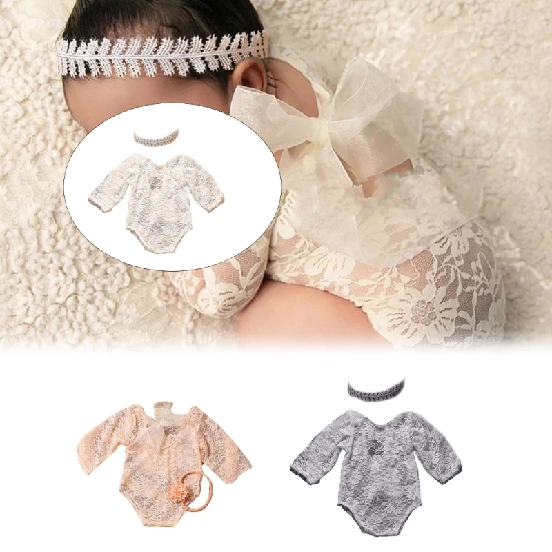 Baby Photoshoot Outfit  Lace Romper Dress with Bowknot Headband for Newborn