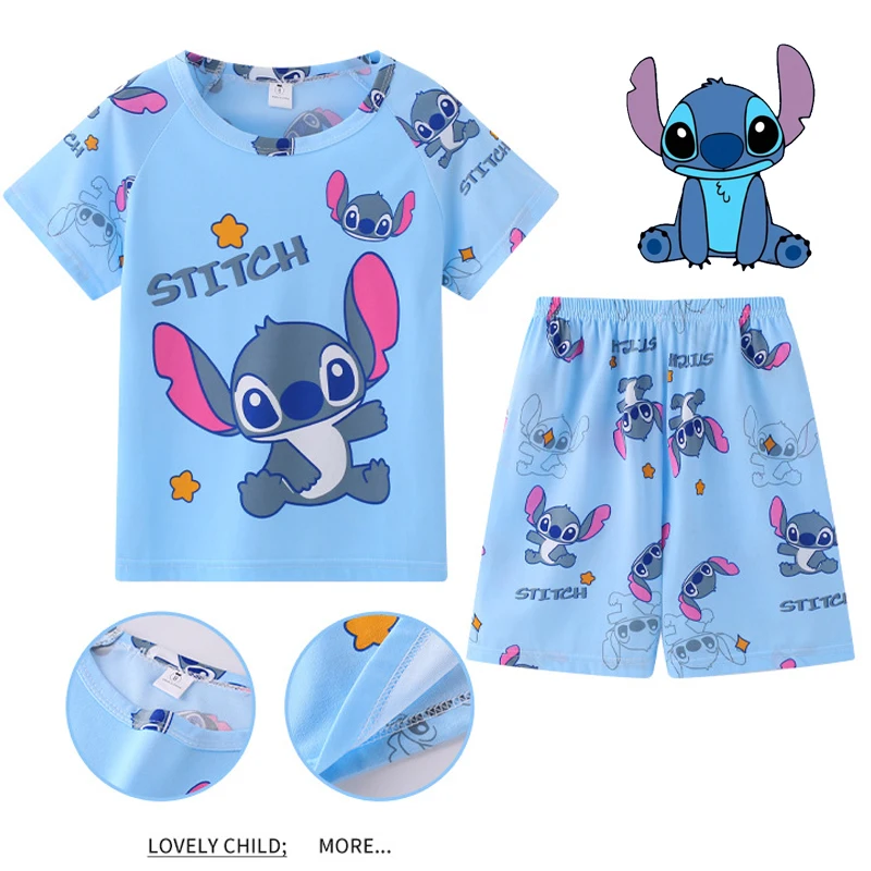 Disney Lilo & Stitch Summer Children\'s Cartoon Clothing Set Stitch Short Sleeve Shorts Sleepwear Baby Boys Girls Pajamas Set New