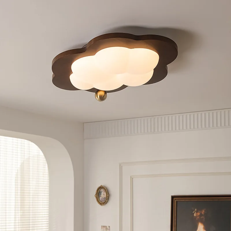Solid Wood Walnut Color Led Ceiling Light Cloud Ceiling Lamp Bedroom Children's Room Ceiling Mounted Lamp Cream Indoor Lustre