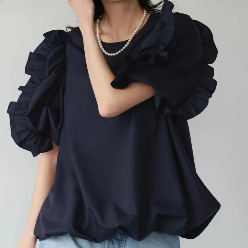 2024 Summer Japan Style Spliced Ruffles Shirts & Blouses women Short Sleeve Blusas O-Neck Camisas Loose Casual Ropa Mujer Tops