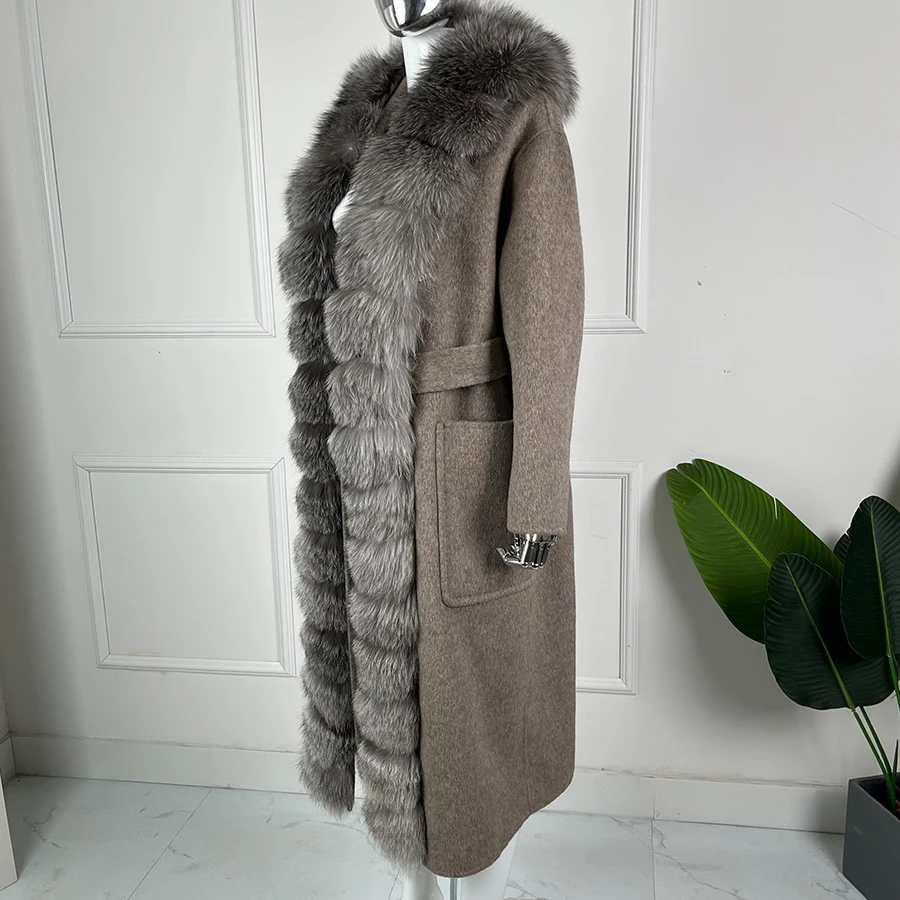 Wełniane płaszcze damskie Długie wełniane kurtki z prawdziwym futrem z lisa srebrnego Zimowy ciepły luksusowy płaszcz kaszmirowy damski
