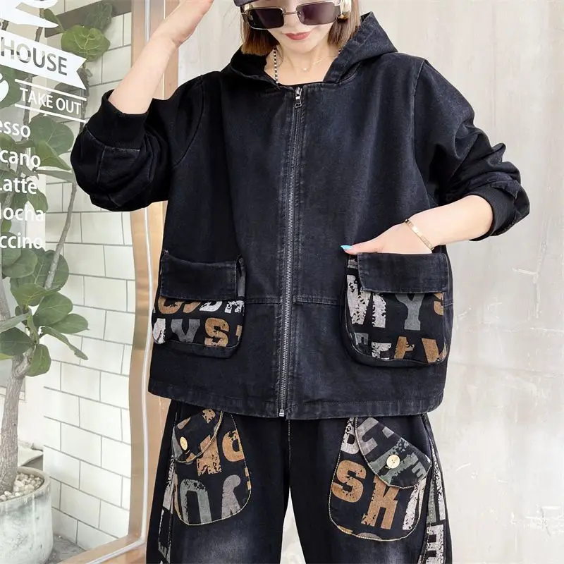 NEW Spring Autumn Denim Jacket Suits Women Retro Hooded Patchwork Letter Jeans Pants Outfit Large Size Denim Coat Two-Piece Sets