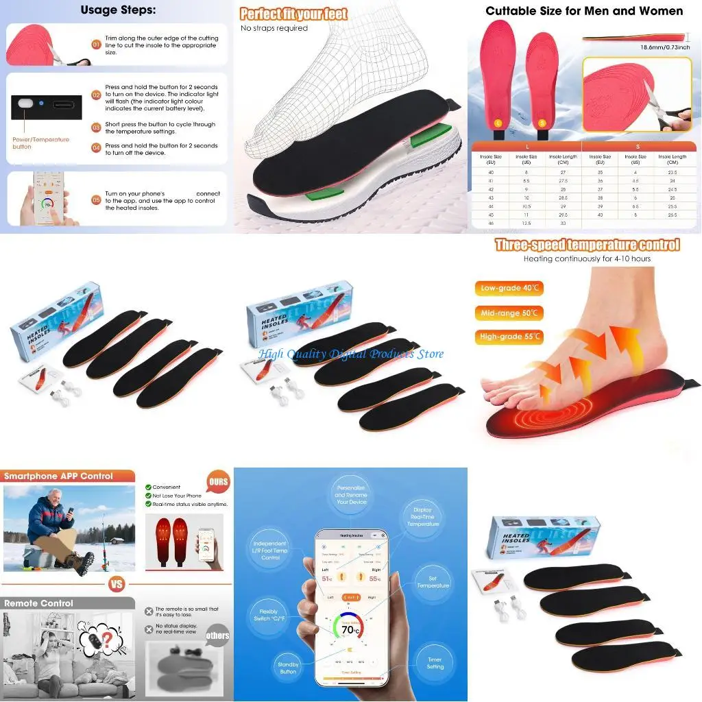 

U2JE Electric Heated Insoles Electric Rechargeable Foot Warmer 3 Temperature Setting