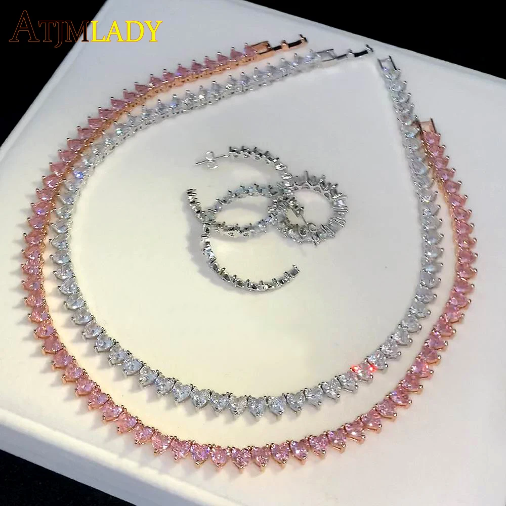 Nowy 5A serce CZ tenis Choker naszyjnik biały różowy cyrkonia Iced Out Bling różowe serca kobiety biżuteria prezent na walentynki