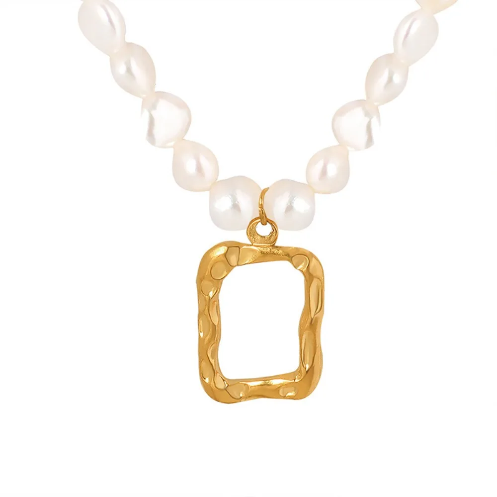 

Women's Necklace Natural Freshwater Pearl Square Hollow Embossed Pendant Titanium Steel Lock Chain Fashionable Jewelry Accessory