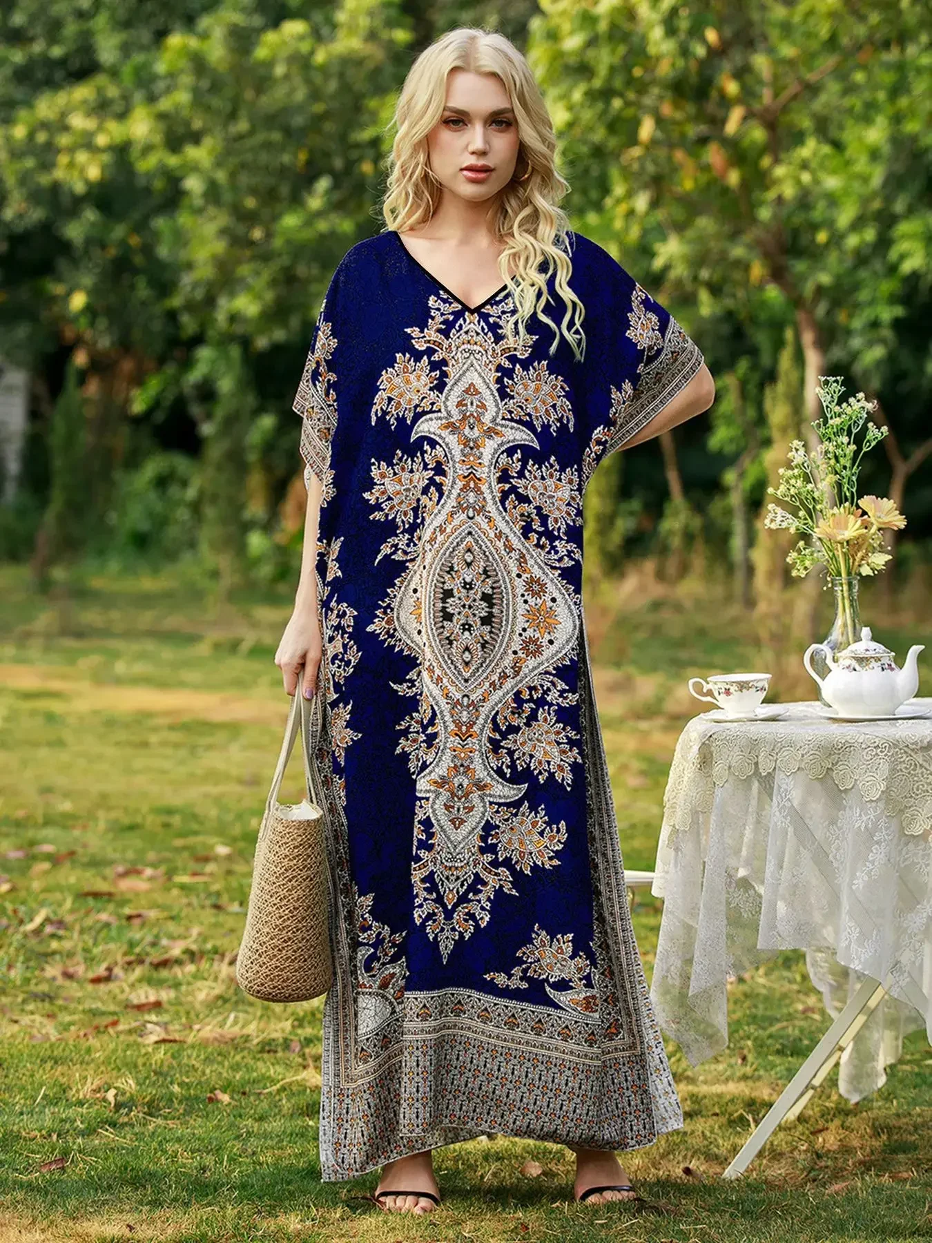 Women's printed one size dress loose robe seaside vacation dress