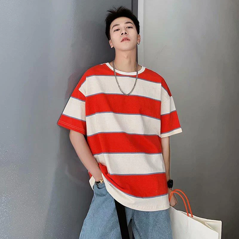 4xl 3xl 150kg Can Wear Korean Fashion Red Green Blue Striped Casual Short Sleeve T Shirt Men 2022 New Summer Harajuku Streetwear