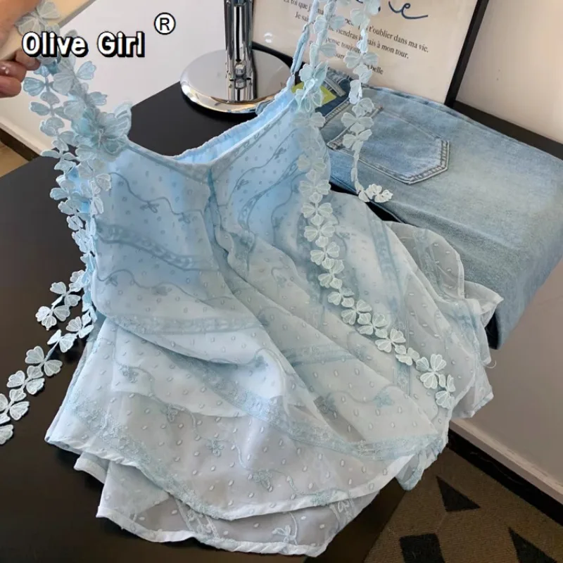 

Женская футболка-топ Olivegirl 2026: Элегантная шифоновая безрукавка для вечеринок и банкетов, синяя, с цветочным узором