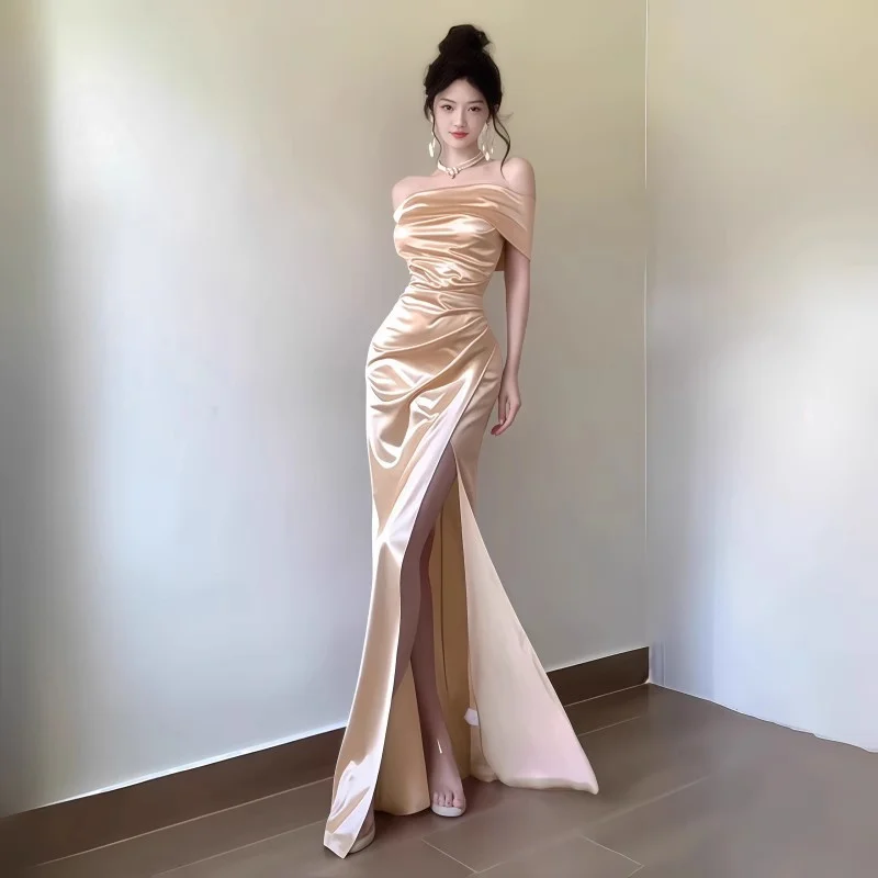 

Sexy one shoulder dress, women's high-end birthday satin woman sexy dress, Classic temperament slit slim fit long dress