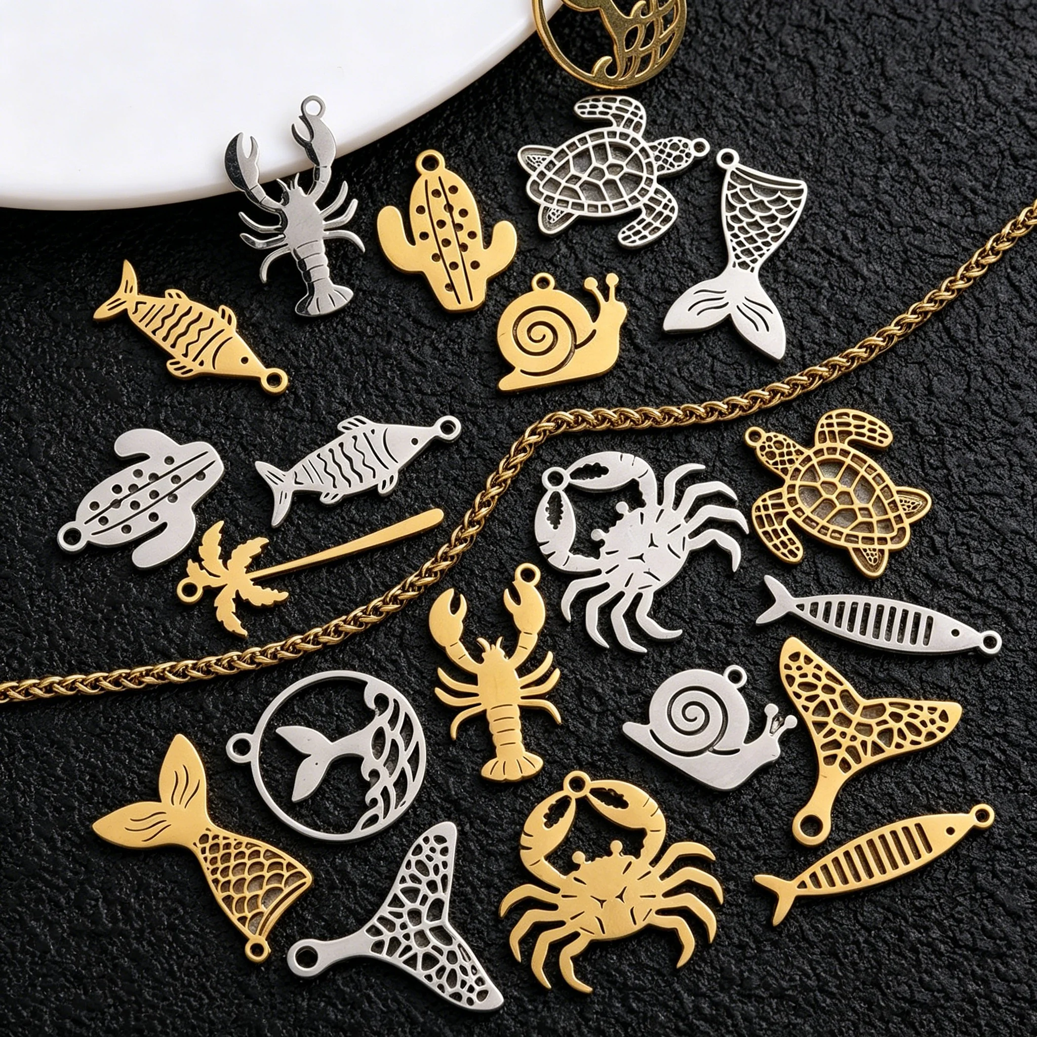 10pcs PVD Plated Ocean Element Lobster Crab Sea Wave Fishtail Stainless Steel Kawaii Charms Coconut Tree Cactus DIY Accessories