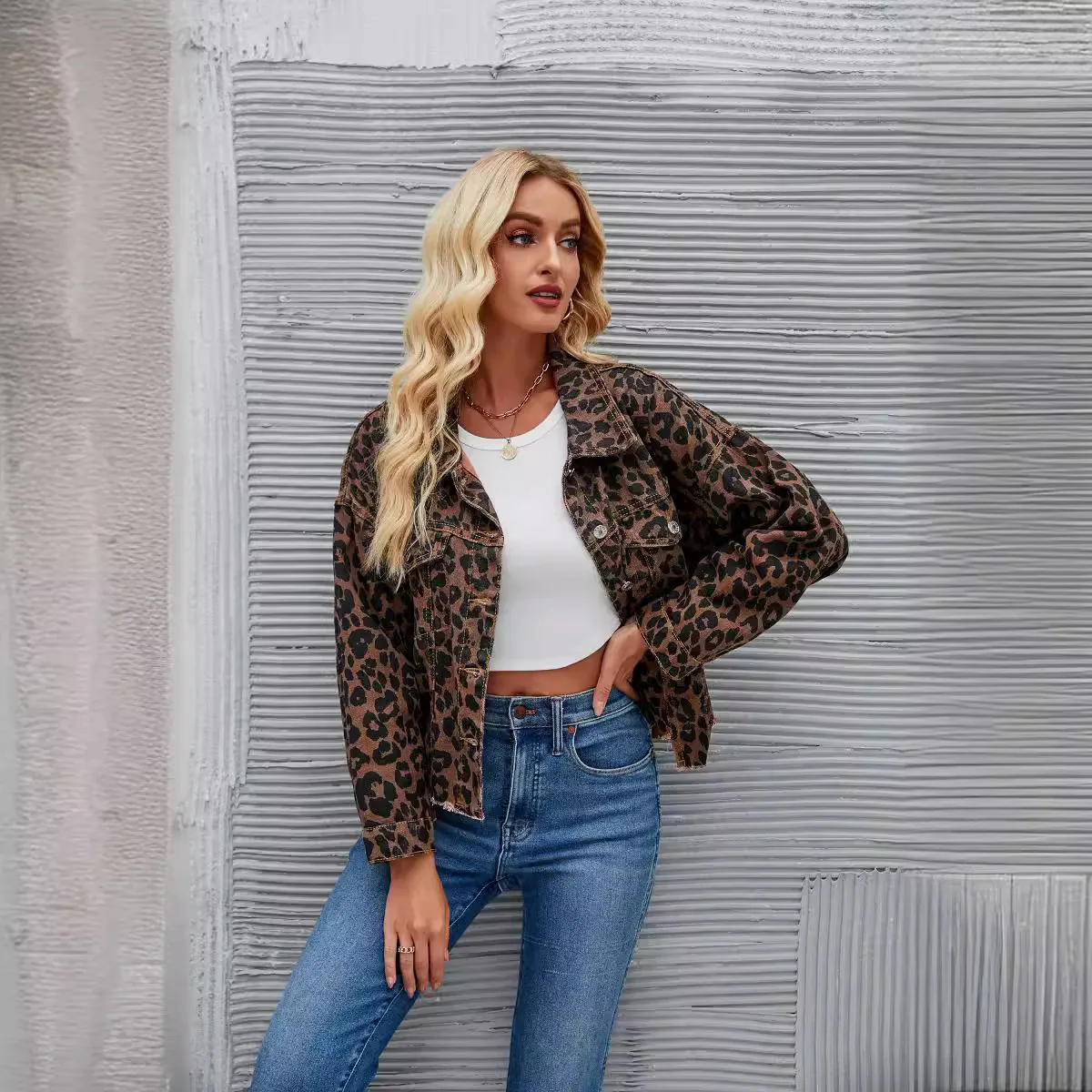 Women's Elegant Jacket With Lapel 2024 Autumn  Leopard Print Fashion Cardigan Denim Short Jacket Chaqueta De Invierno Para Mujer