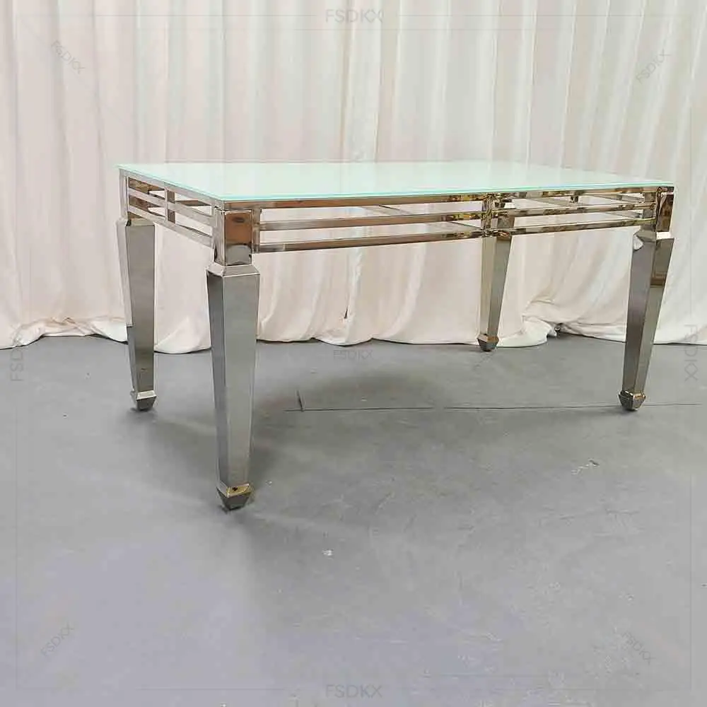 

Rectangle Tempered White Glass Event Decor Luxury Golden Stainless Steel Wedding Tables
