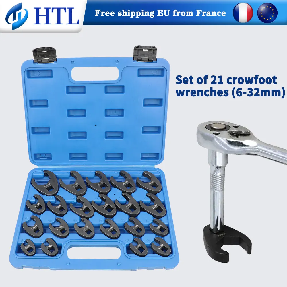 21-teiliger 1/2-Zoll- und 3/8-Zoll-Antrieb Metrischer Krähenfußschlüsselsatz 8-32mm 6-Punkt-Flanschmuttern-Kit für Bremsleitungen und schwer zugängliche Bereiche im Auto