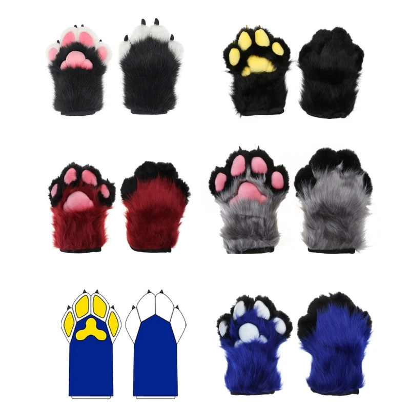 

Wolf Dog Foxes Paw Claw Gloves Costume Accessories Cosplays Animal Furry Plush Full Finger Mittens Fursuit for Adults